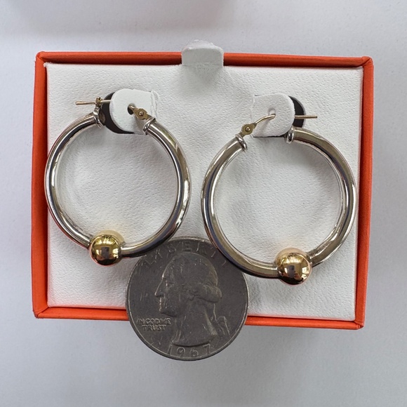 Cape Cod Large sterling silver hoop earrings with 14kt gold ball and posts - Picture 3 of 4